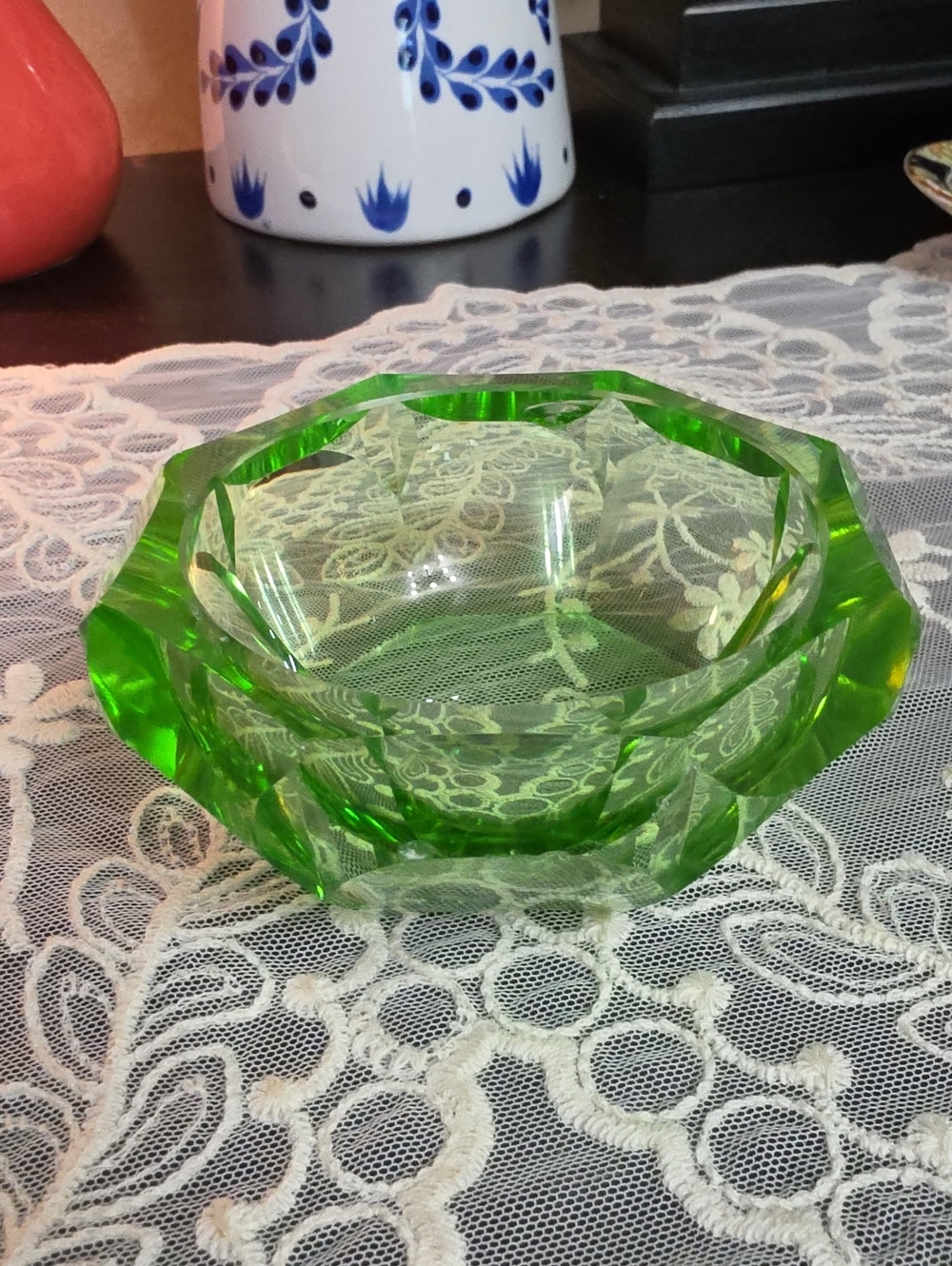 Green Faceted Glass Bowl - Vibrant Emerald Centerpiece